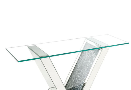 Acme - Noralie Console Table 90670 Clear Glass, Mirrored & Faux Diamonds