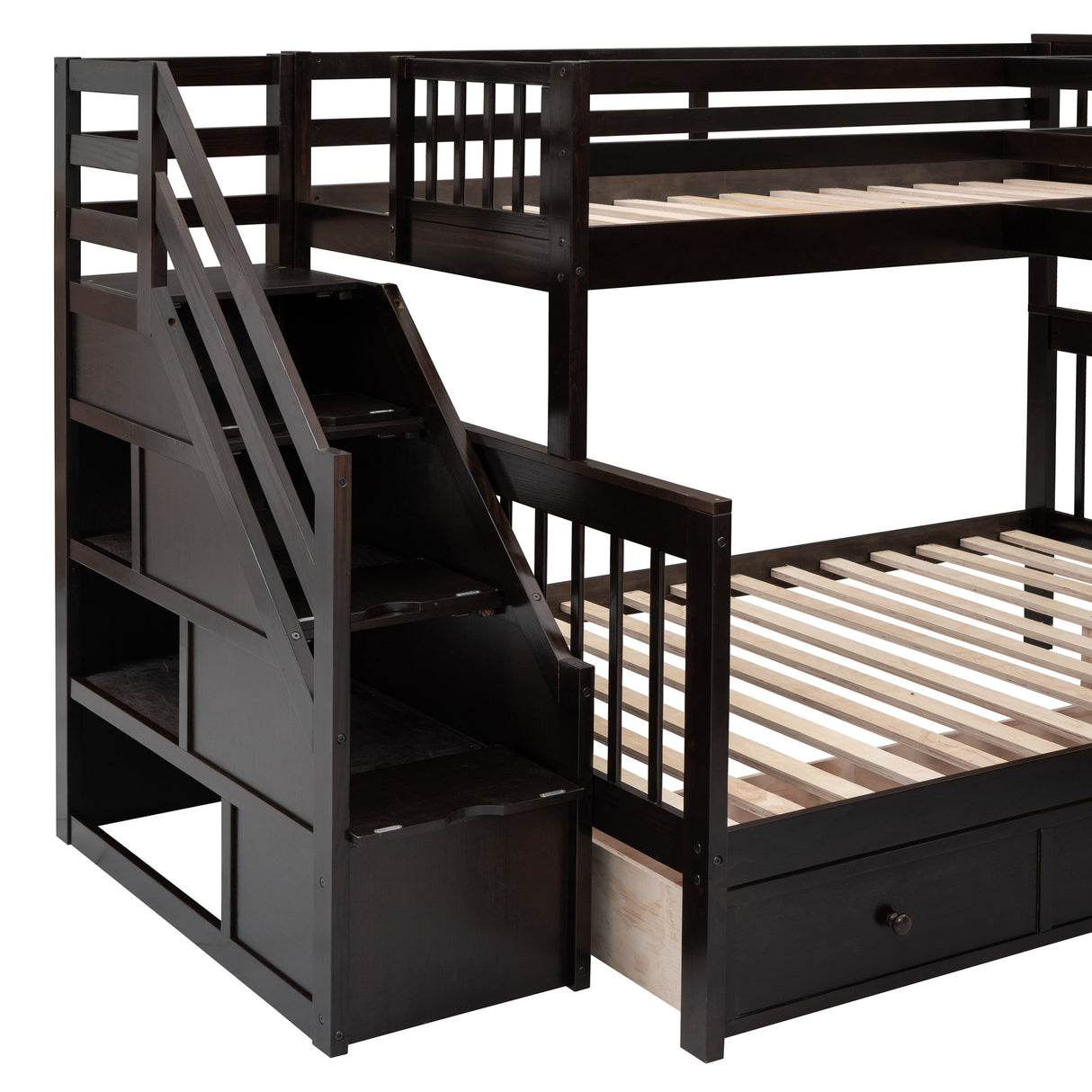 Twin-Twin over Full L-Shaped Bunk Bed With 3 Drawers, Portable Desk and Wardrobe, Espresso - Home Elegance USA