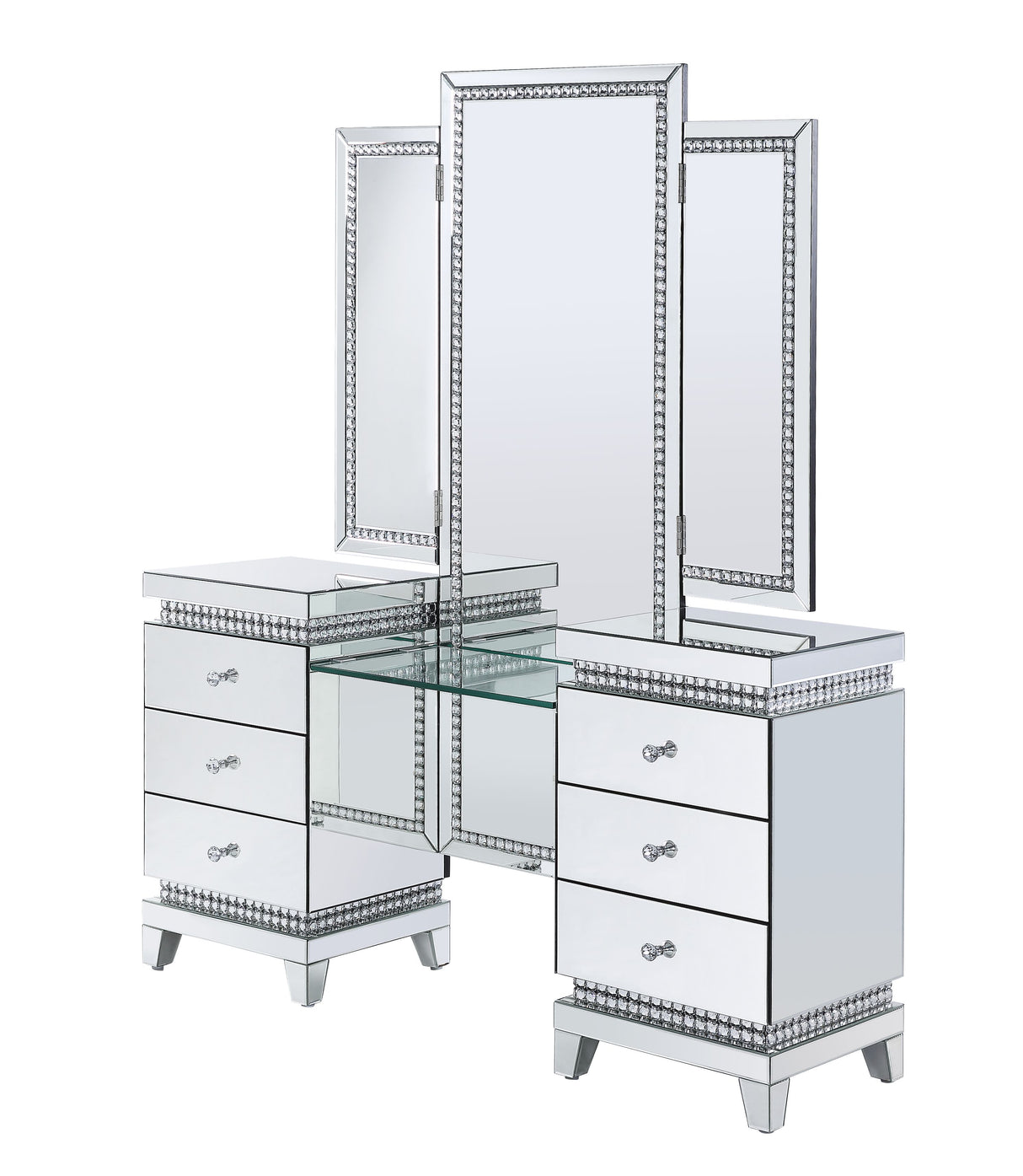 Acme - Lotus Vanity Desk 90805 Mirrored, Faux Ice Cube Crystals