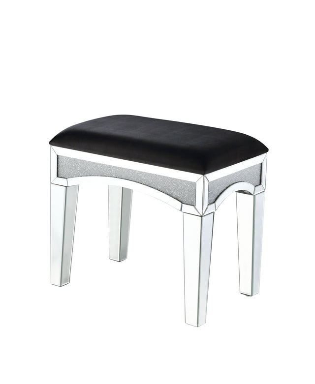 Acme - Noralie Vanity Stool 90818 Black Fabric, Mirrored & Faux Diamonds