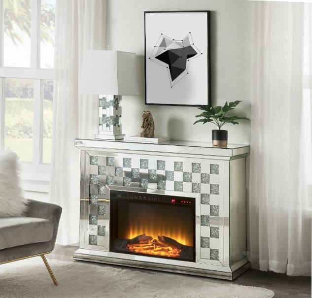 Acme - Noralie Fireplace 90872 Mirrored & Faux Diamonds