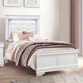 Glam White Finish 1pc Twin Size Bed Upholstered LED Headboard Button-Tufted Alligator Texture Panels Traditional Design Bedroom Furniture