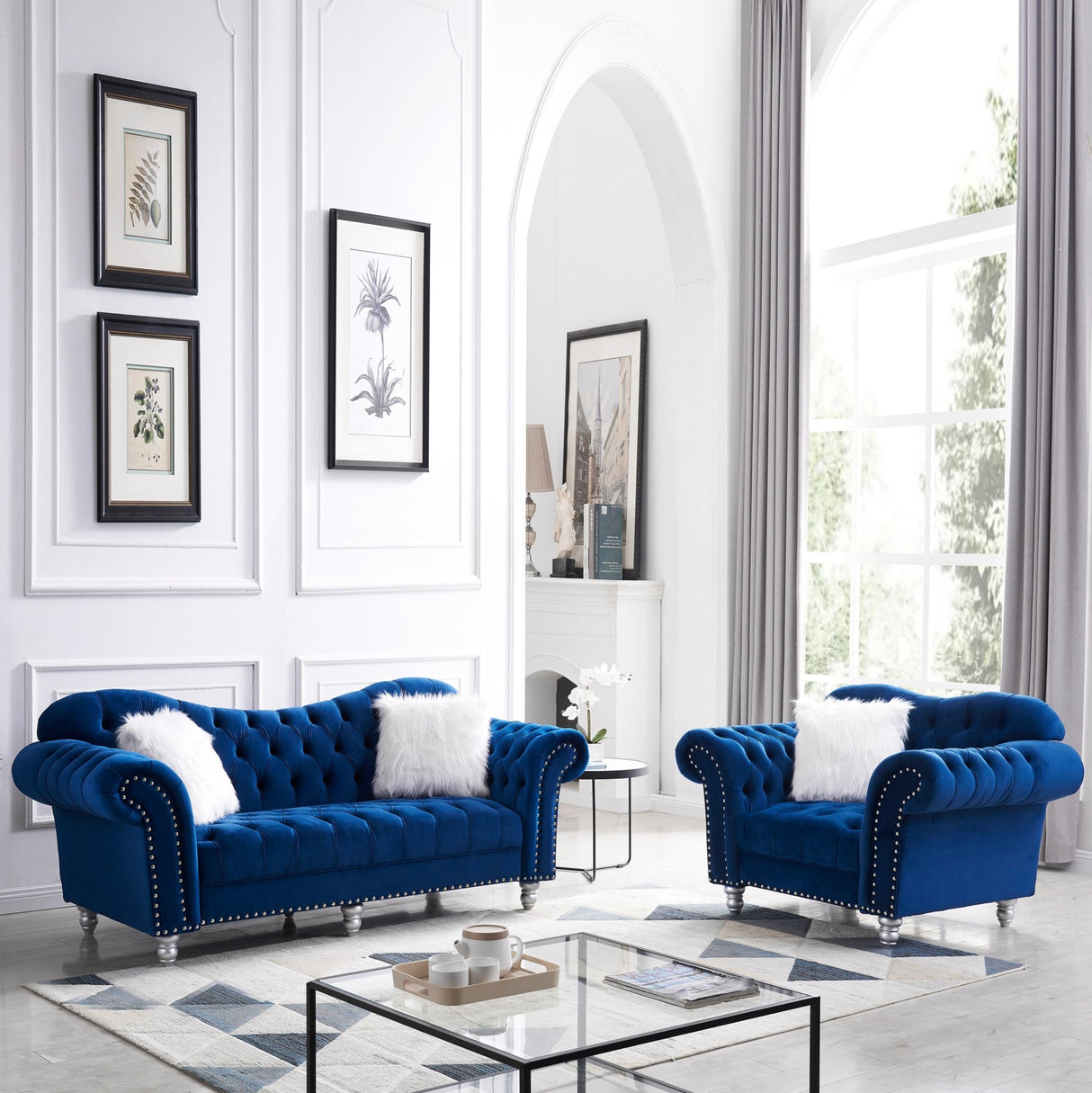 3 Piece Living Room Sofa Set, including 3 - Seater Sofa, Loveseat and Sofa Chair, with Button and Copper Nail on Arms and Back, Five White Villose Pillow, Blue. | Home Elegance USA