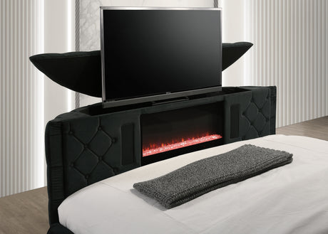 Luxurious Queen Size Bed Nightstand Set Deeply Tufted Headboard Nail Head Trim Upholstery Black Velvet Footboard Integrated Television Lift Mechanism Built-in Electric Fireplace Storage 3pc Set - sold by Home Elegance USA