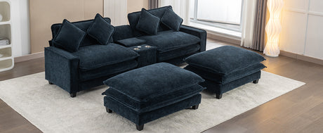 Contemporary Chenille Upholstered Sectional Sofa with Ottomans, USB Ports, Cup Holders & Storage, Blue - sold by Home Elegance USA
