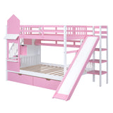 Full-Over-Full Castle Style Bunk Bed with 2 Drawers 3 Shelves and Slide - Pink - Home Elegance USA