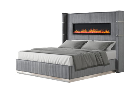 LIZZELLE Upholstery Wooden King 5 PC Bedroom set with Ambient lighting in Gray Velvet Finish(CA INVENTORY) - sold by Home Elegance USA