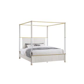 Malco King Oak 5PC Bedroom Set with Gold Accents, Upholstered Headboard, Acrylic Post Design in Oak Finish Rubber Wood