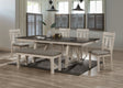 6pc Cottage Style Extendable Dining Table Set Chalk Gray Tow Tone Finish Upholstered Chair Bench Dining Room Wooden Furniture Two Self-Storing Refectory Leaves Solid Wood - sold by Home Elegance USA