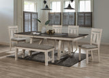 6pc Cottage Style Extendable Dining Table Set Chalk Gray Tow Tone Finish Upholstered Chair Bench Dining Room Wooden Furniture Two Self-Storing Refectory Leaves Solid Wood