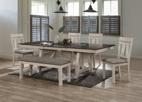 6pc Cottage Style Extendable Dining Table Set Chalk Gray Tow Tone Finish Upholstered Chair Bench Dining Room Wooden Furniture Two Self-Storing Refectory Leaves Solid Wood - sold by Home Elegance USA