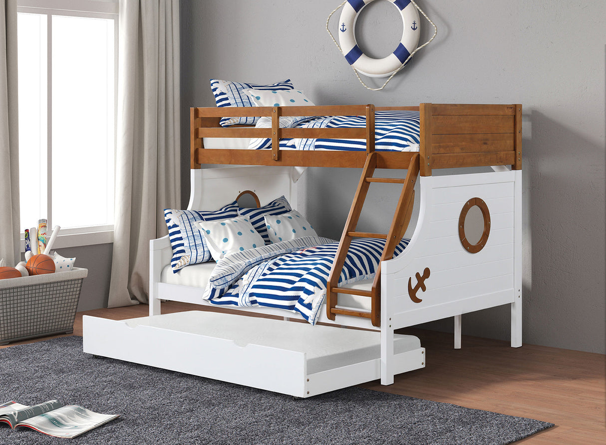 Modern Novelty Style Twin Over Full Bunk Bed With Attached Angled Ladder Rails And Lock Joint Structure For Safety Oak Finish Upper Bed White Finish Lower Bed Trundle Included - sold by Home Elegance USA