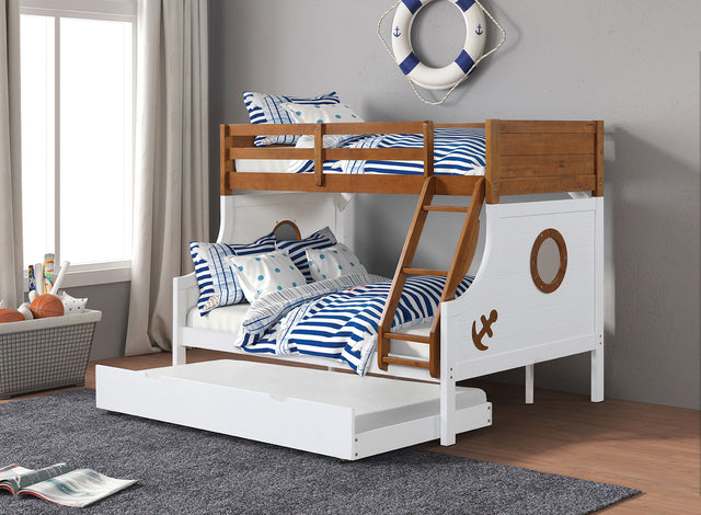 Modern Novelty Style Twin Over Full Bunk Bed With Attached Angled Ladder Rails And Lock Joint Structure For Safety Oak Finish Upper Bed White Finish Lower Bed Trundle Included - sold by Home Elegance USA