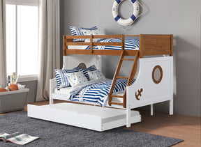 Modern Novelty Style Twin Over Full Bunk Bed With Attached Angled Ladder Rails And Lock Joint Structure For Safety Oak Finish Upper Bed White Finish Lower Bed - sold by Home Elegance USA