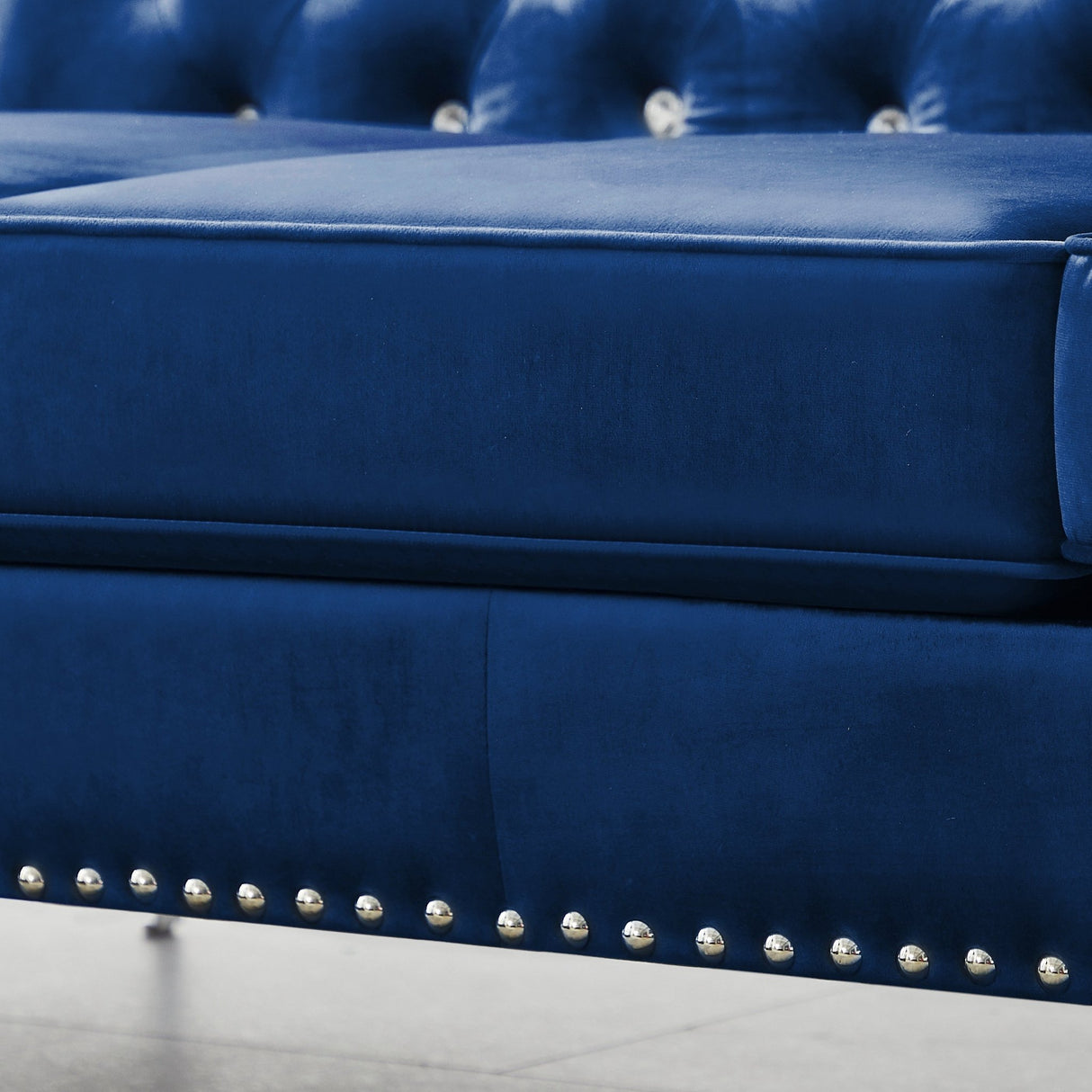 59.4 Inch Wide Blue Velvet Sofa with Jeweled buttons,Square Arm ,2 Pillows - W1117S00009 - image - 8