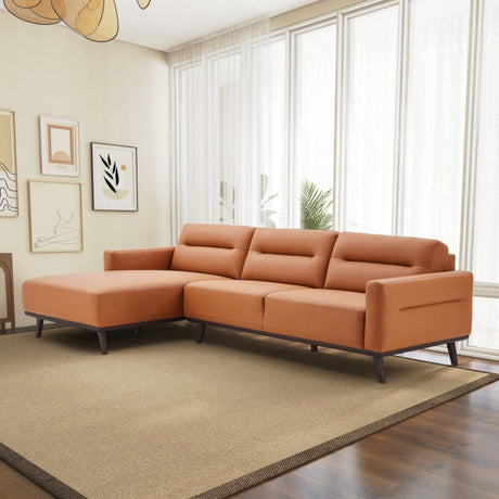 Ella Mid Century Modern L-Shaped Cognac PU Leather Left Sectional Couch with Solid Wood Frame - sold by Home Elegance USA