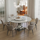 59' Round Sintered Stone Dining Table Set with Stainless Steel Black Titanium Hourglass Base & 6 Gray Padded Chairs – Modern Luxury Marble-Look Kitchen Table for 4-6, Scratch & Heat Resistant Surface