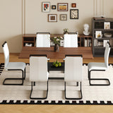 Table and chair set.71 inch long fashionable walnut grain dining table, a practical choice to add color to the home.Paired with 6 White PU Chairs With C-tube Black Metal Chair Legs.