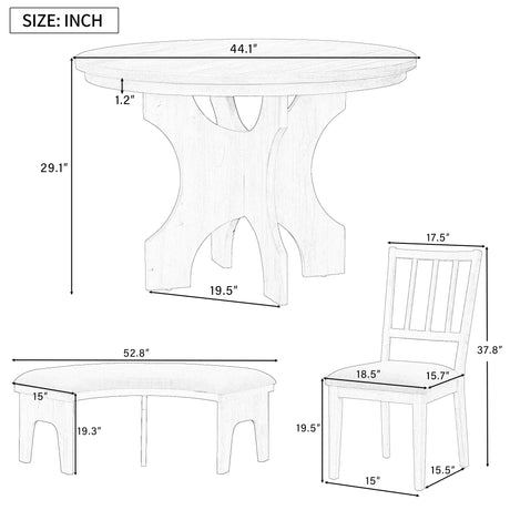 TREXM 5-piece Rustic Charm Round Dining Set with 3 Upholstered Chairs and Curved Bench for Dining Room, Kitchen and Living Room (Natural) - sold by Home Elegance USA