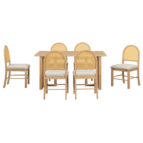 TREXM 7-Piece Farmhouse Dining Table Set for 6 - 59.8' Rectangular Dining Table with Distressed Oak Veneer and 6 Rattan Chairs, Rustic Kitchen Furniture for Dining Room(Natural) - sold by Home Elegance USA