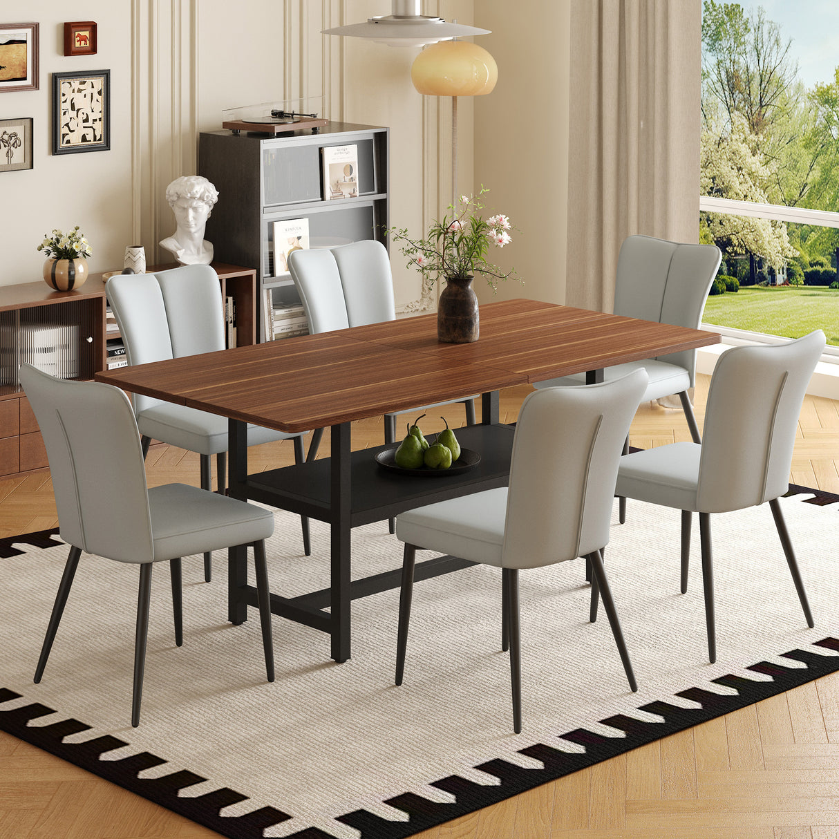 Table and chair set.71 inch long fashionable walnut grain dining table, a practical choice to add color to the home.Paired with 6 Light Gray PU chairs with a vertical stripe design on the backrest.