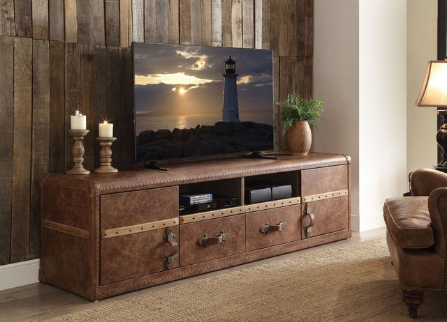 Acme - Aberdeen Tv Stand 91500 Retro Brown Top Grain Leather