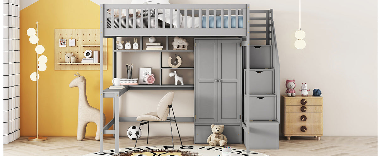 Full size Loft Bed with Bookshelf,Drawers,Desk,and Wardrobe-Gray - Home Elegance USA