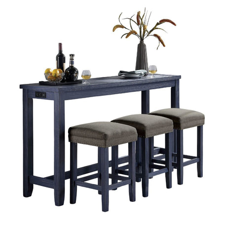 4pc Dining Table Set 1x Table 3x Stools Padded Seat Nailhead Trim USB Port And Power Outlet Antique Blue And Gray Finish - sold by Home Elegance USA