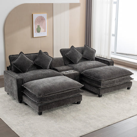 Modern Chenille Upholstered Sectional Sofa with Ottomans, USB Ports, Cup Holders, and Storage in Grey - sold by Home Elegance USA