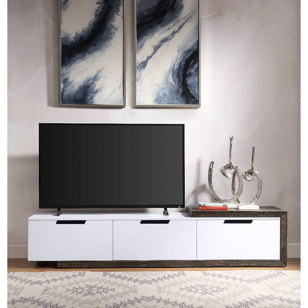 Acme - Orion Tv Stand 91680 White High Gloss & Rustic Oak Finish