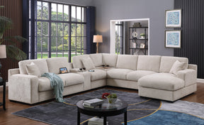 Celine 141.5' Beige Chenille Fabric Corner Sectional Sofa with Right-Facing Chaise, Cupholders, and Charging Ports - sold by Home Elegance USA