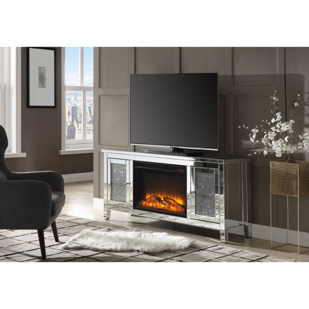 Acme - Noralie Tv Stand W/Fireplace 91770 Mirrored & Faux Diamonds