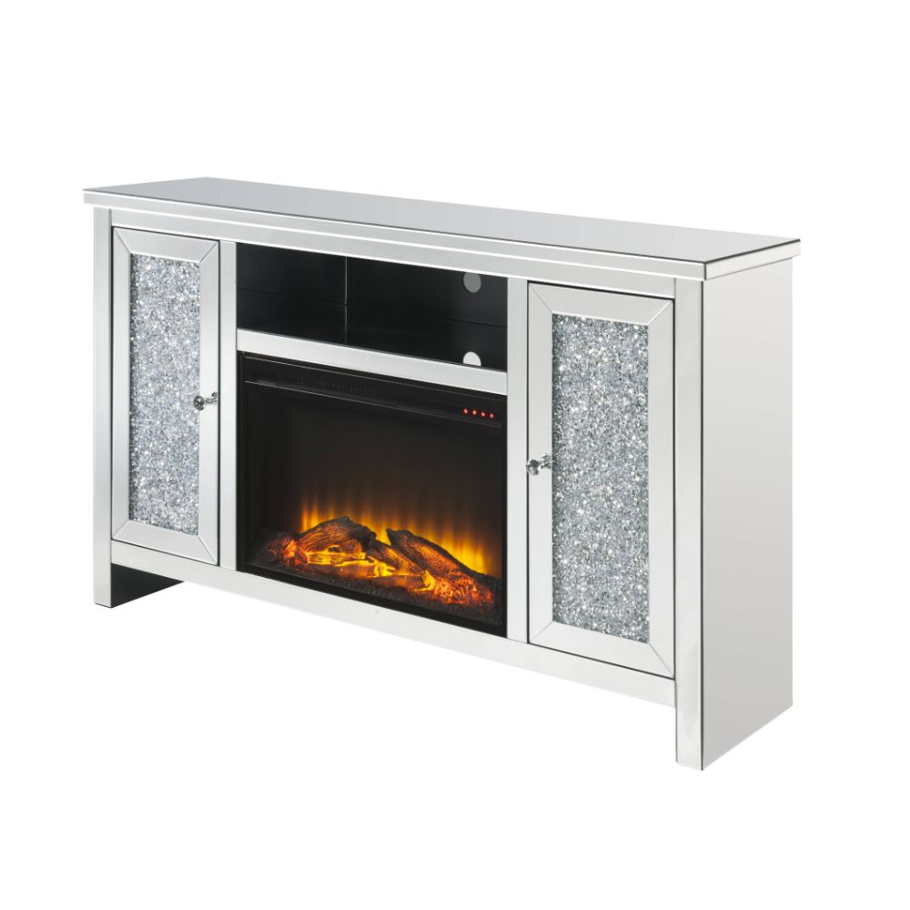 Acme - Noralie Tv Stand W/Fireplace 91775 Mirrored & Faux Diamonds