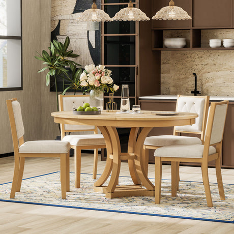 TREXM 5-Piece Retro Functional Dining Table Set Extendable Round Table and 4 Upholstered Chairs for Dining Room and Living Room (Natural) - sold by Home Elegance USA