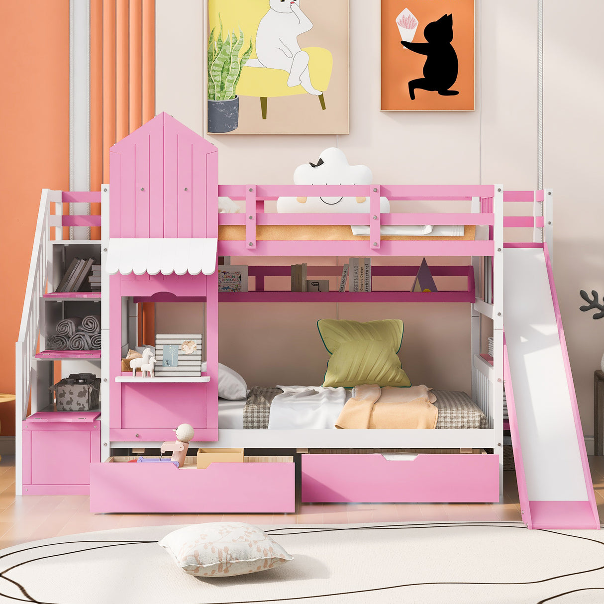 Twin-Over-Twin Castle Style Bunk Bed with 2 Drawers 3 Shelves and Slide - Pink - Home Elegance USA