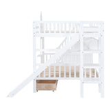 Full-Over-Full Castle Style Bunk Bed with 2 Drawers 3 Shelves and Slide - White - Home Elegance USA