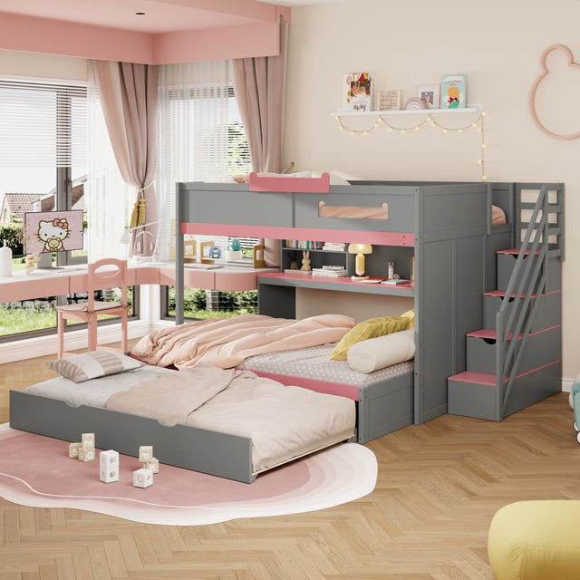 Full Over Full Bunk Bed with Twin Size Trundle and Staircase, Shelves, LED,Gray - sold by Home Elegance USA