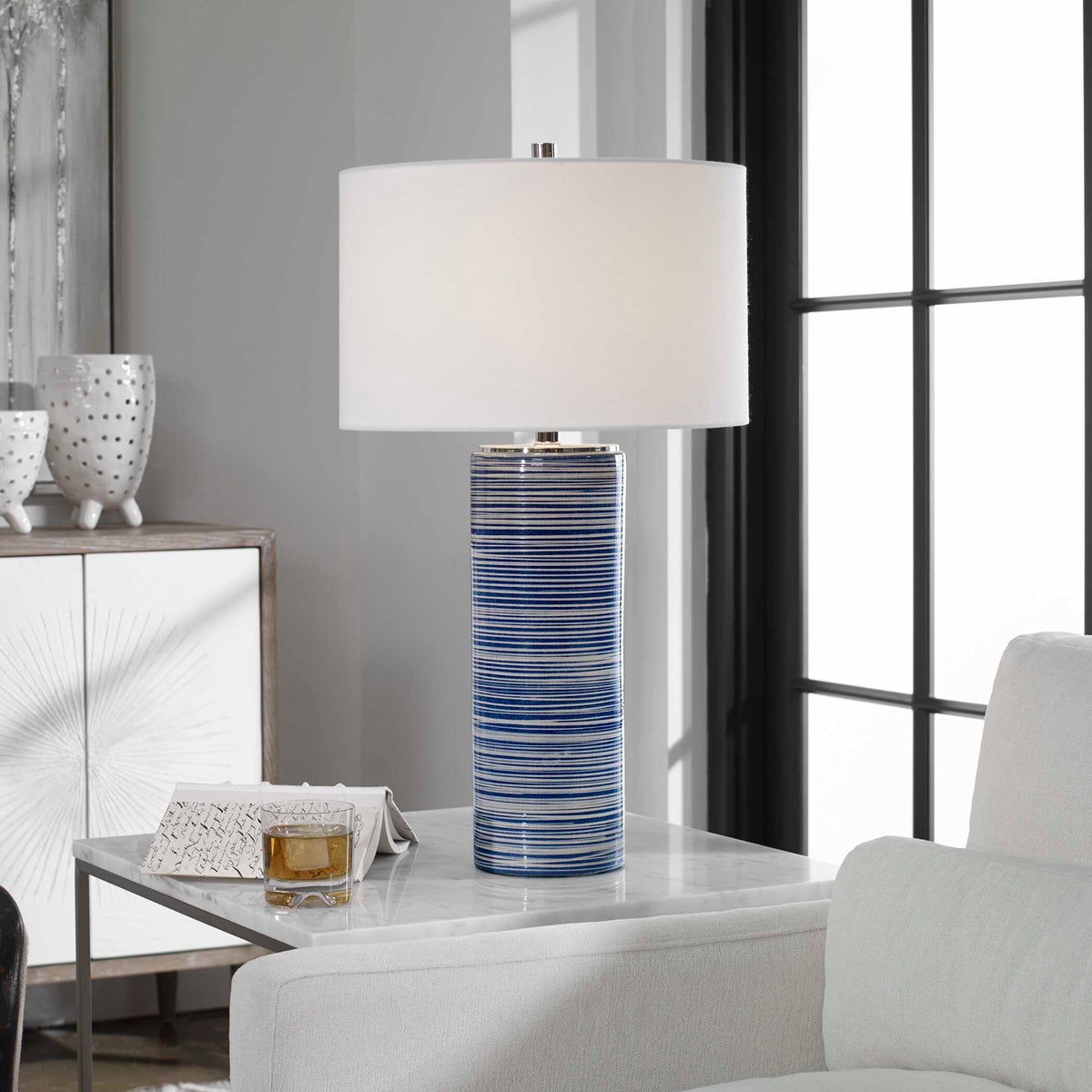 Montauk Striped Table Lamp - Blue / White by Uttermost - View 2