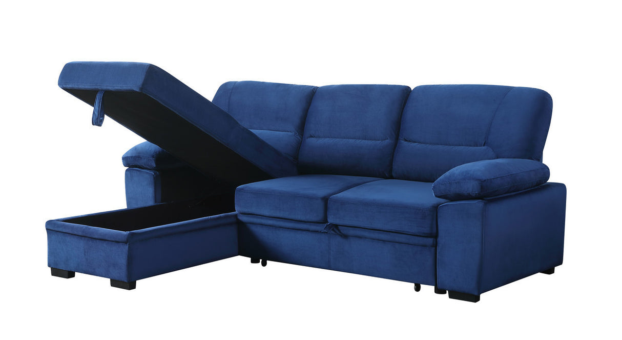 Kipling Blue Velvet Fabric Reversible Sleeper Sectional Sofa Chaise - Home Elegance USA