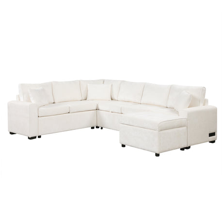 Cream Tweed Chenille Sectional Sofa with Pull-out Bed and Storage Ottoman, 112.2' for Living Room - sold by Home Elegance USA
