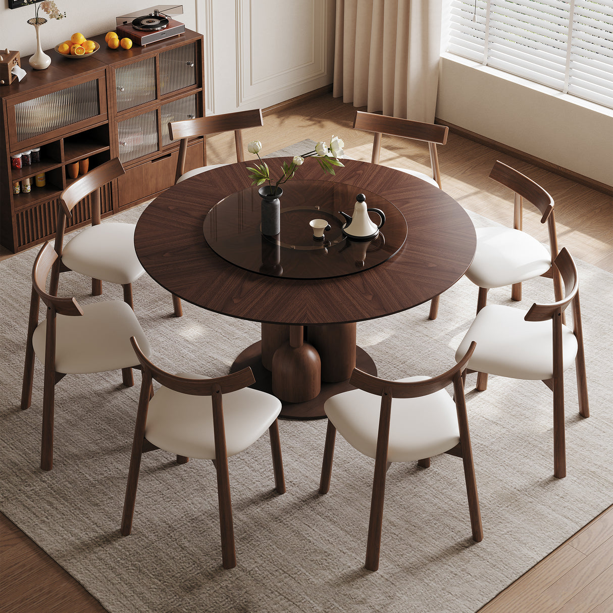 59-inch Wabi-Sabi Oak Round Table Set with 8 Solid Wood Chairs & 35-inch Floating Glass Lazy Susan, Handcrafted Japanese Style Sculptural Dining Set for Living Room & Restauran