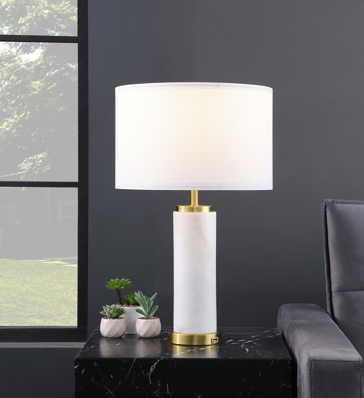 Table Lamp - Lucius Drum Shade Bedside Table Lamp White and Gold