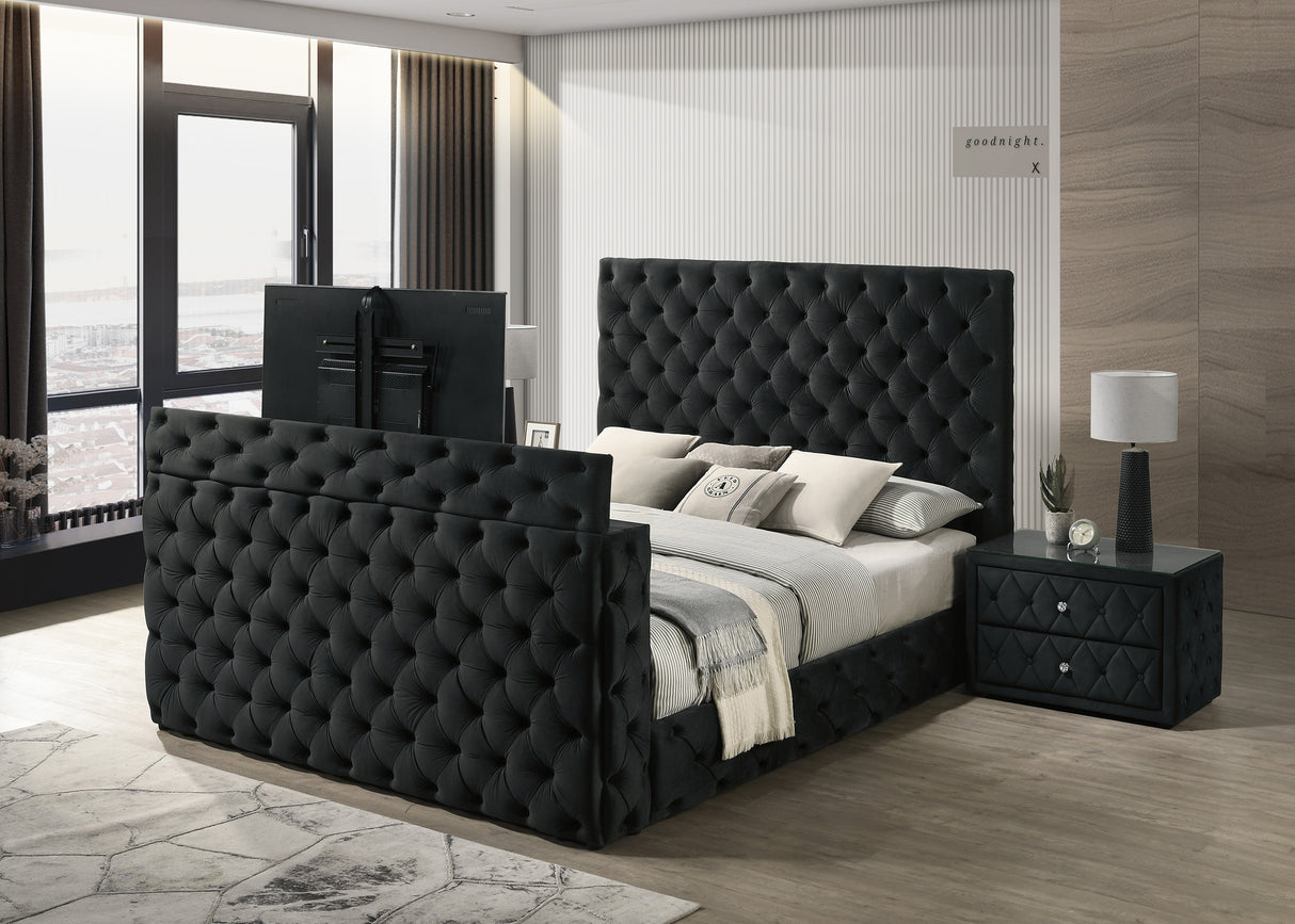 Luxurious Queen Size Bed Nightstand Set Deeply Tufted Headboard Upholstery Black Velvet Footboard Integrated Television Lift Mechanism Storage 3pc Set