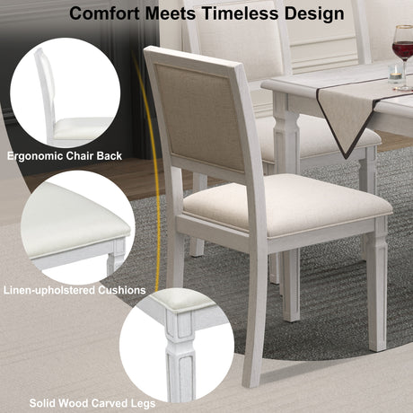 TREXM Vintage Extendable Dining Table Set for 6 with 4 Chairs & Bench, 59 to 72-Inch Rustic Farmhouse Kitchen Table Set with Distressed Finish and Retro Carved Legs (Washed White) - sold by Home Elegance USA
