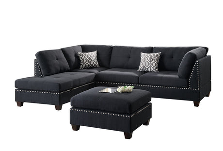 3-pcs Sectional Sofa Black Polyfiber Cushion Sofa Chaise Ottoman Reversible Couch Pillows - sold by Home Elegance USA