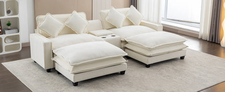 Chenille Upholstered Sectional Sofa with Removable Ottoman, USB Ports, Cup Holders, and Storage, Beige, 111' - sold by Home Elegance USA