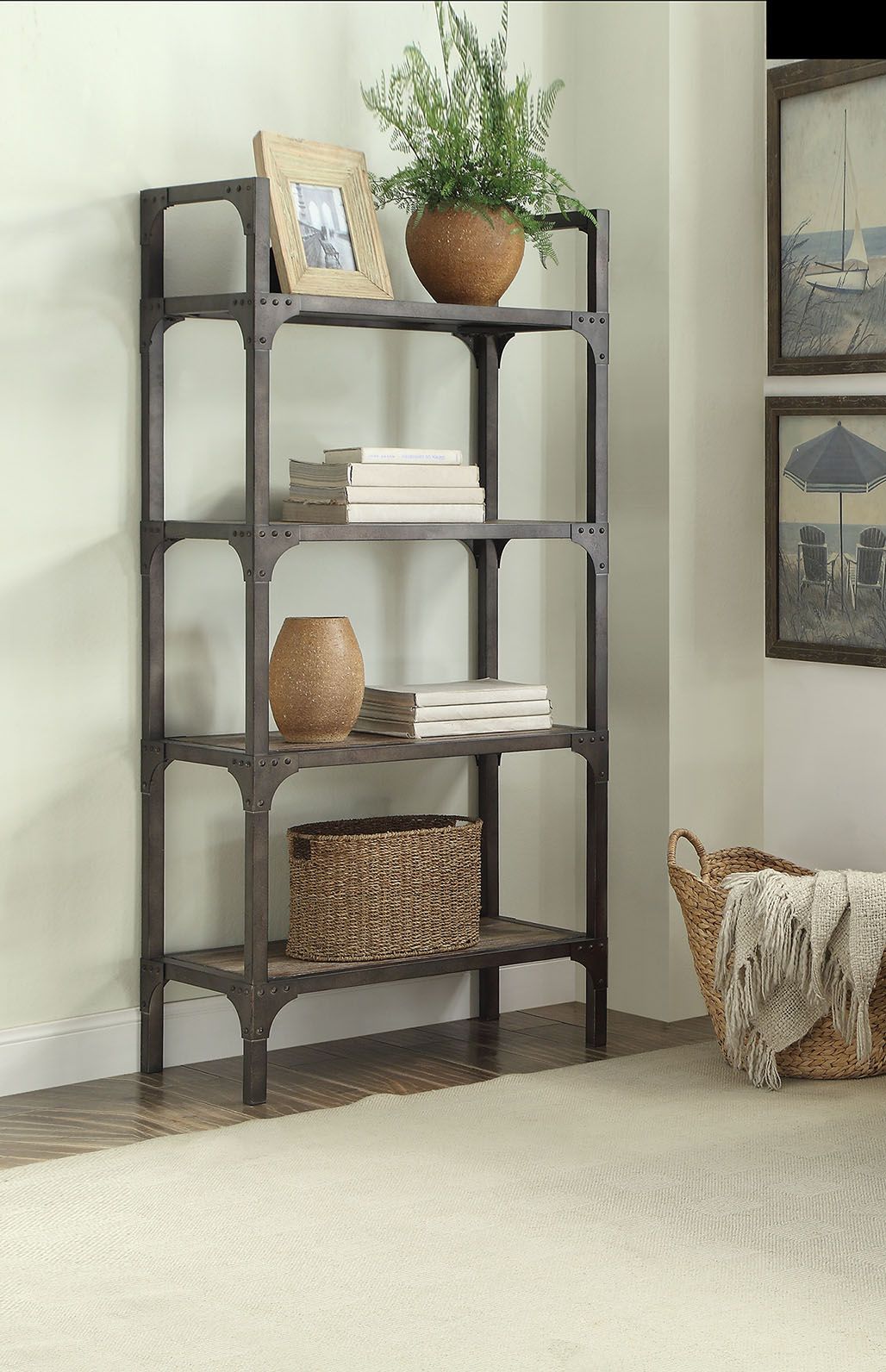 Acme - Gorden Bookshelf 92327 Weathered Oak & Antique Silver Finish