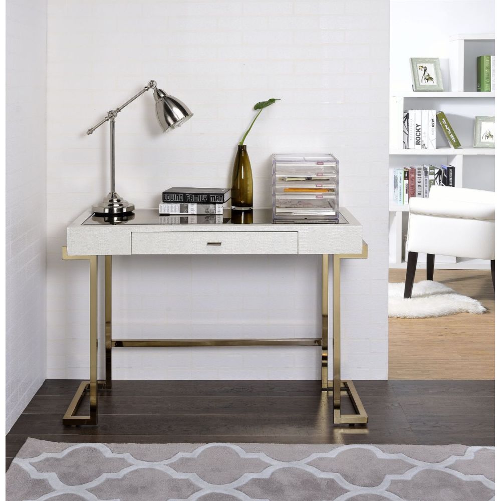 Boice Writing Desk(Same Ac00892) 92334 White Synthetic Leather & Champagne Finish | Acme - 92334 - Home Elegance USA - 5