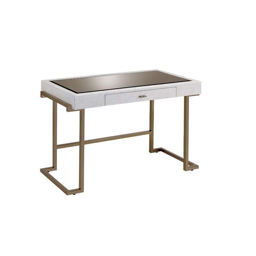 Boice Writing Desk(Same Ac00892) 92334 White Synthetic Leather & Champagne Finish | Acme - 92334 - Home Elegance USA - 1