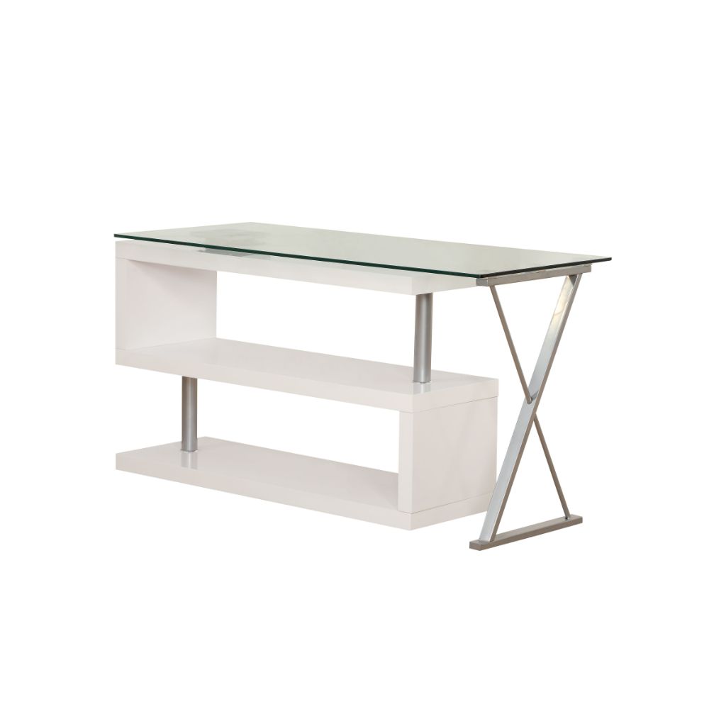 Acme - Buck Writing Desk W/Swivel 92368 Clear Glass Top & White High Gloss Finish